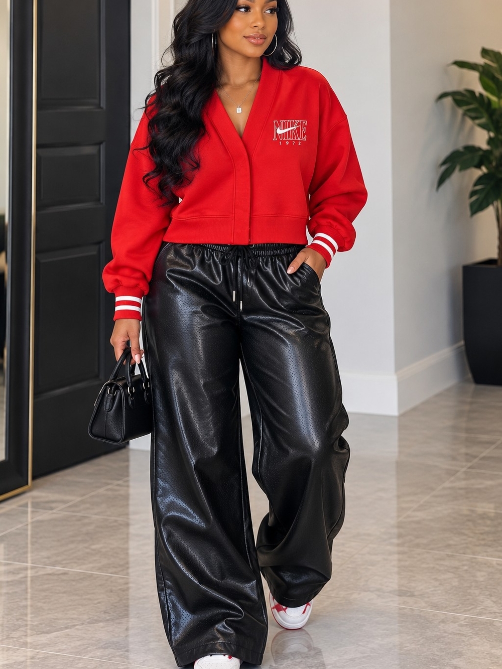 Nike Red Cropped Jacket with Black Jordan Wide-Leg Faux Leather Pants
